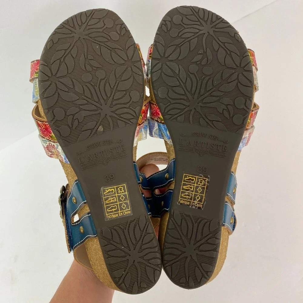 NEW, L'Artiste Spring Step, Audrie Blum Floral Leather Cork Wedge Sandal Size 39